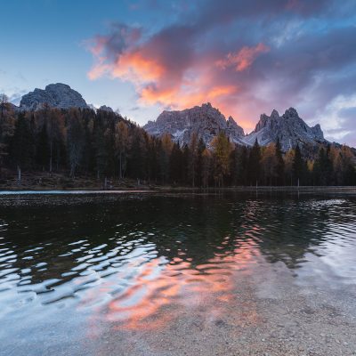 Sunrise over Dolomites moutains at Lago Antorno