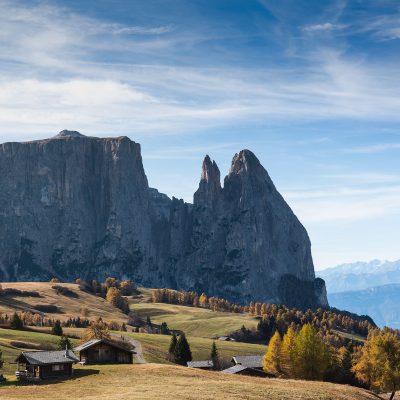 Cabins ate Alpe di Siusi in Dolomites
