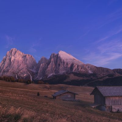 Blue hour just after sunset over Aple di Siusi meadow in Dolomites