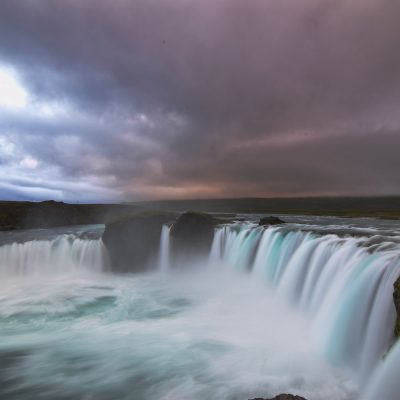 Last ray of light of a sunset at Godafoss