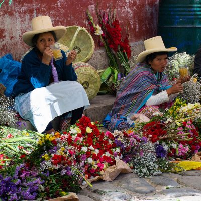 Peruvian women selling flowers at the local market