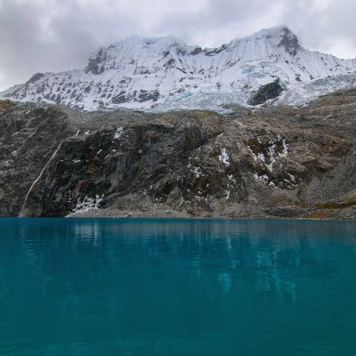 Laguna 69 in Cordillera Blanca, Peru on a cloudy day