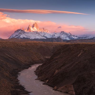 Fitz roy mountain at sunrise and Cerro Torre hidden by clouds