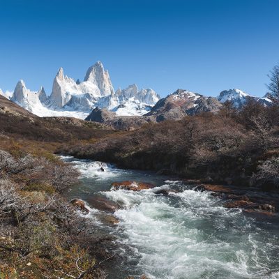 Patagonian landscape with clear view to Fitz Roy moutain range