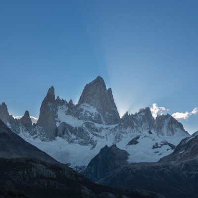The sun setting behind Fitz Roy mountain range
