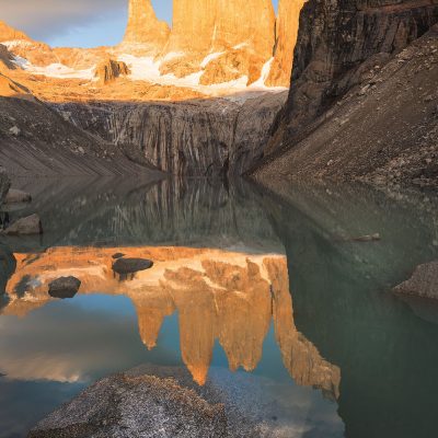 Las Torres del Paine lit up by the first rays of the Sun