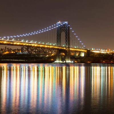 George Washington Bridge at night with a perfect reflection in Hudson River