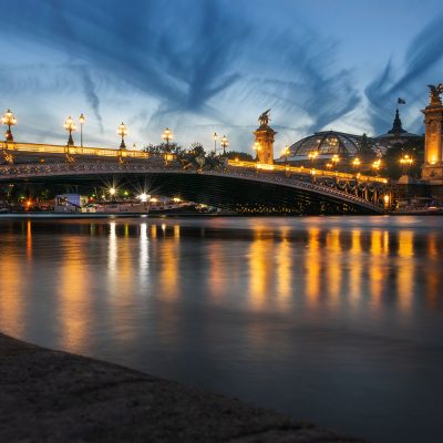 Alexandre III bridge at sunset during Paris flooding