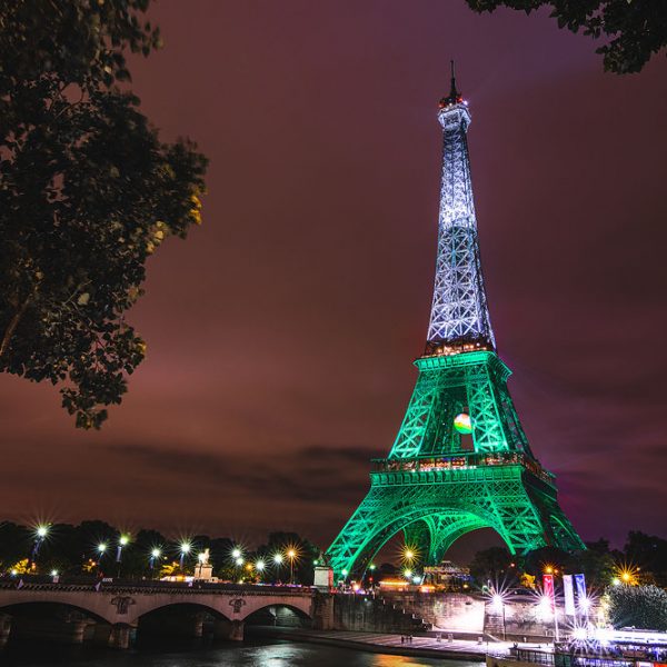 The Eiffel Tower lit up in green and white during Euro 2016 for Wales