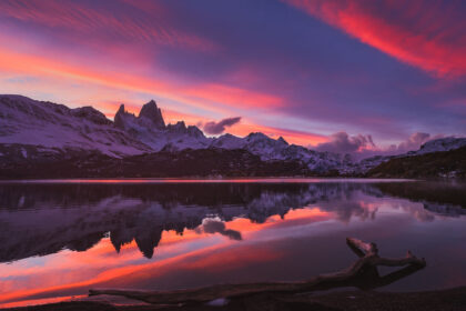 Fitz Roy reflecting during a perfect Fall sunset at Laguna Capri in Patagonia