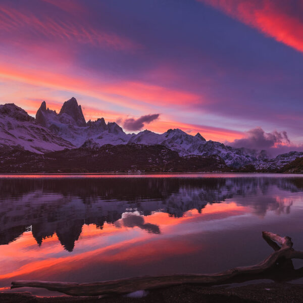 Fitz Roy reflecting during a perfect Fall sunset at Laguna Capri in Patagonia